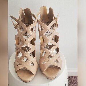 💃 Nude Beige Patent And Gold Glitter Strappy Stiletto Shoes 🌴